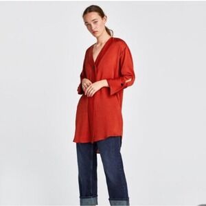 ZARA BASIC Rust Red Textured V Neck Long‎ Sleeve Shirt Dress Women Size Small